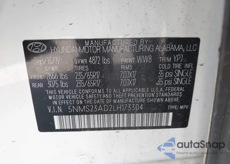 2020 Hyundai Santa Fe Se z USA, uszkodzony, nr VIN 5NMS23AD2LH173304